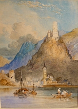 Beautiful European Topographic Watercolour of A Castle on The Rhine 19th C.