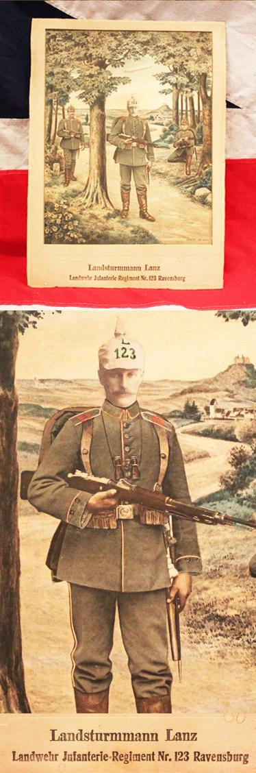 An Original Imperial German WW1 Zeppelin Warfare Interest, Bespoke. And Coloured Print of a German Infantryman, Landsturmann Lantz. From the Wolf Photographic Studio of Ulm.