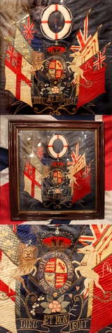 A Singularly Beautiful & Rare Victorian Folk Art Silk 'Royal' Maritime Embroidery Woolwork, A ‘Jack Tar’ Sailor’s Woolwork or ‘Woolie’.  The White Ensign, Red Ensign, Blue Ensign, Union Flag, Scottish Standard, Shamrock Flag