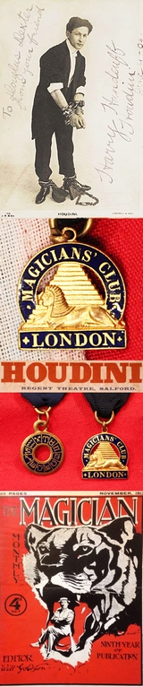 Most Rare 1920's Artefacts, of Houdini's Great Friend, of Early 20th Century Stage Magicians. The Magician's Club of London, Founded by Harry Houdini, Gold Medal Mounted Badge, & A Magic Circle Gold Medal