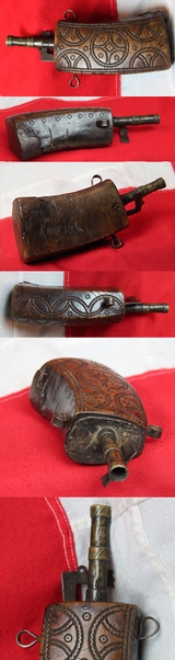 A Most Rare 17th to 18th Century, Scottish Form,  Ram's Horn Powder Flask Carved Geometric Design