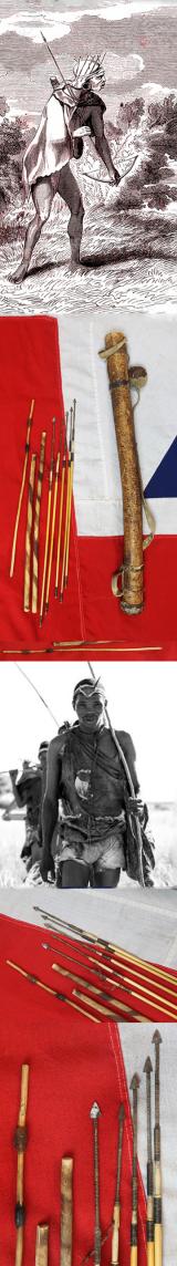 African Bushman’s Tribal Poison Arrows and Tree Branch Leather Capped Quiver & Poison Stick