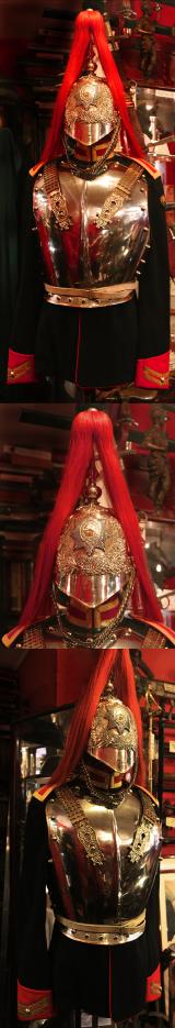 Vintage, Household Cavalry Dress Uniform. A Wonderful Helmet, Cuirass Armour, Tunic, White Leather Panteloons, Jack Boots with Spurs, Buff Hide & Cotton Riding Gauntlets Of The Royal Mounted Bodyguard of Her Well Beloved Late Majesty Queen Elizabeth IInd