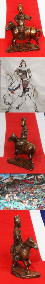 A Most Attractive Qing {Ching} Dynasty Carved Wood Sculpture of a Chinese Mounted Han Dynasty General, Probably General Zhaoyun.