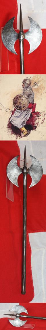 A 18th to Mid 19th Century Steel, Indo Persian, Double Crescent Blade Headed War Axe and Spike, Known as a Tabarzin