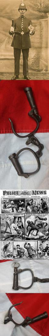 Victorian Police 'Jack the Ripper' Era Type Handcuffs or 'Derby's' & Original Oval Flat Key