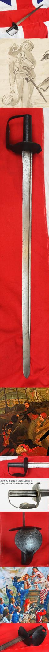 A Most Rare 18th Century Royal Navy Combat Cutlass, with Iron Double Disc {Figure of Eight} Hilt and Tubular Steel Grip. With Straight Back-Sword Blade With Single Fuller. Designed by Thomas Hollier in the Early 18th Century
