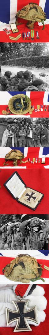 Fabulous D-Day Collection, Medals, & Stripes, of An NCO Corporal of The Ox & Bucks Light Infantry, Part of the Airborne Div, Plus, An Original, Net Camouflaged, D.Day Pattern MK III 'High Rivet' Helmet. Iron Cross 1st Class in Case, Iron Cross 2nd Class