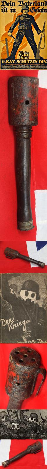 An Original WW1 M17 Imperial German Stick Grenade Stielhandgranate {aka The Potato Masher}. A Training Smoke Version For Distributing Smoke or Gas To Cover Assaults, Attacks or Retreats By German Shock Troops In The Trenches