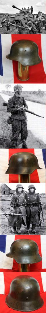 A Superb M42 German Combat Helmet With Rare, Original, Classic 'Normandy Pattern' Two Colour Green , Camouflage, Original Liner & Its Three Original Perfect Liner Rivets Intact. Waffen SS/Heer Issue