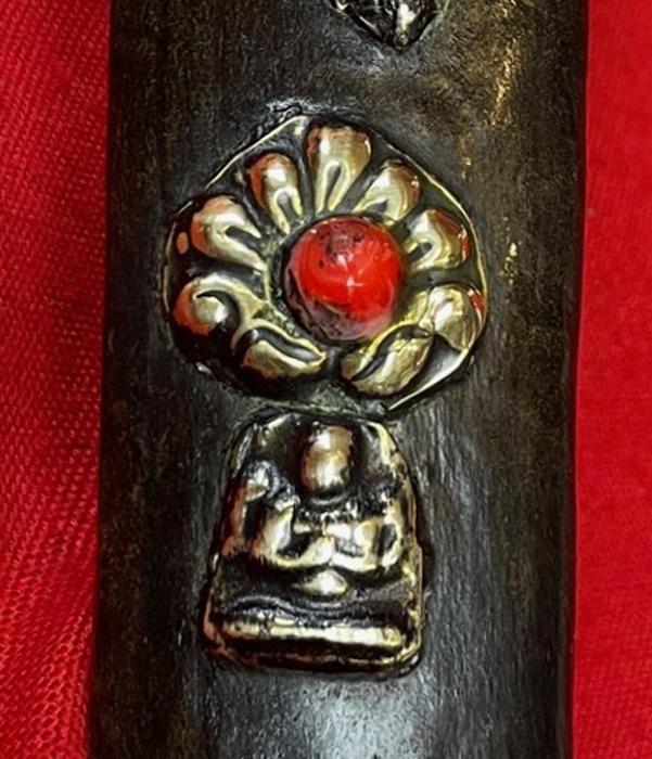 A Most Interesting & Unusual Form of Antique Tibetan Buddhist Large Dagger-Short Sword. A Dpa'dam. Decorated With Repousse Dragon and Buddha, Seated in the Padmasana Pose, in Dhyana Mudra, With Mandorla, a Coral Stone Bead Inset & Unalome Spiral Sun