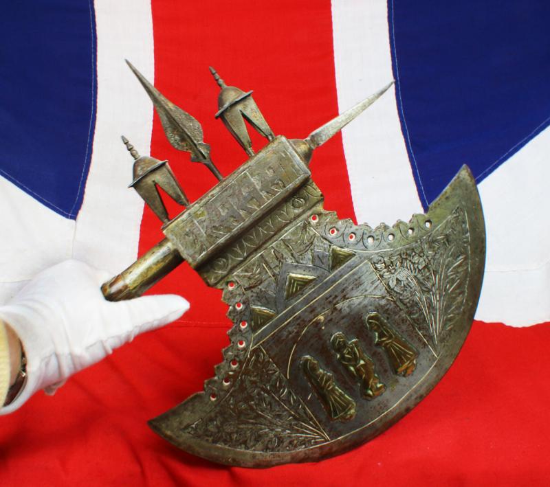 An Amazing, Huge, Antique Indian Ceremonial Steel Tabar Axe Inlaid in Brass, With Scene of Krishna & Temple Decor. Massive Crescentric Blade and Spike End, And Steel Chhajjas