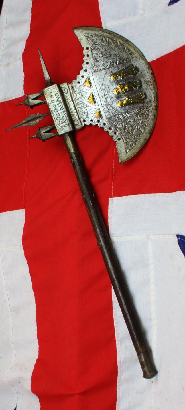 An Amazing, Huge, Antique Indian Ceremonial Steel Tabar Axe Inlaid in Brass, With Scene of Krishna & Temple Decor. Massive Crescentric Blade and Spike End, And Steel Chhajjas