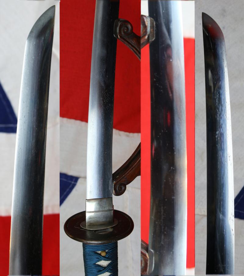 A Good Yoshii School Wakazashi, Likely Muromachi, Signed Yoshii Mitsunori Dressed With A Stunning Livery of Brown Ishime Lacquer Complimented With a Finest Blue Silk Tsukaito Hilt Wrap