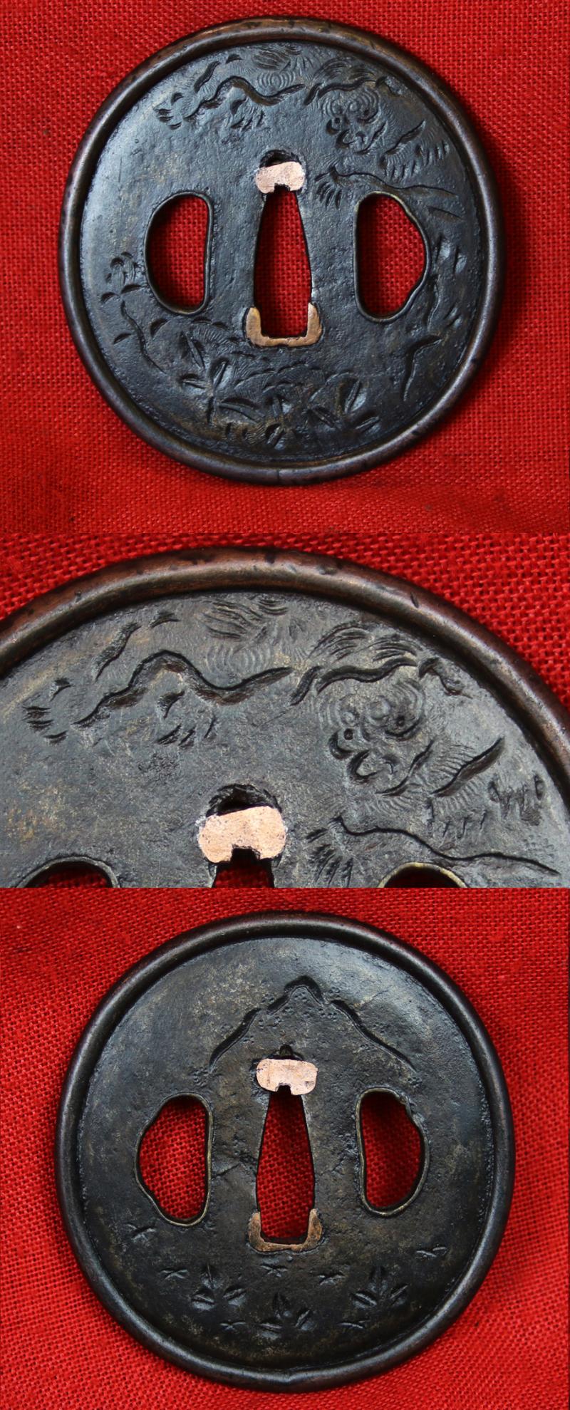 A Good Yoshii School Wakazashi, Likely Muromachi, Signed Yoshii Mitsunori Dressed With A Stunning Livery of Brown Ishime Lacquer Complimented With a Finest Blue Silk Tsukaito Hilt Wrap