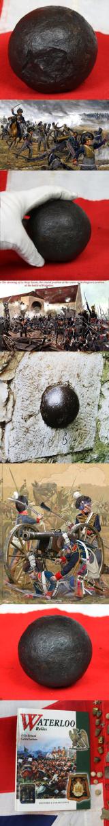 A Superb Original Waterloo Recovered Souvenir '6 Pounder ' Royal Artillery Cannon Ball Fired at La Haye Sainte During The Battle, Recovered From The Farm. With Clear impact Site To The Ball.