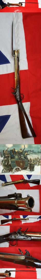 A Rare and Absolutely Spectacular, J. & W. Richards, All-Brass Flintlock Blunderbuss With Sprung Top Mounted Bayonet. Finest 'Juglans Regia' Walnut Stock. Circa 1800. Much Favoured by Ship's Captains