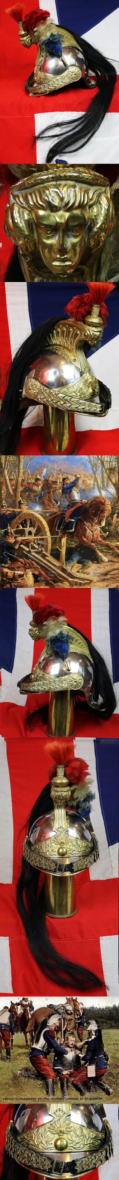 A Magnificent Antique, Original, French Cuirassiers Helmet 1872. French Cuirassiers Still In Combat Service in World War I, 1914. They Were the Last Troops Combat In Full Dress Armour in History. Possibly The Best Example You May Ever See
