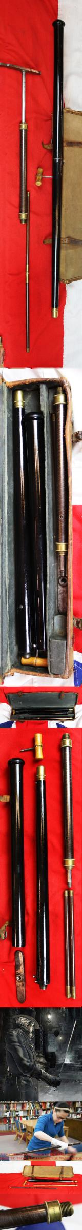 What A Unique And Incredible Christmas Gift This Could Be, A Stunning Mid Victorian Antique Gadget Rifle Gun Stick Fully Set Within Its Original Hard Canvas Travelling Gun Case With All Accompanying Tools. Unique Collectors Piece From Victorian England