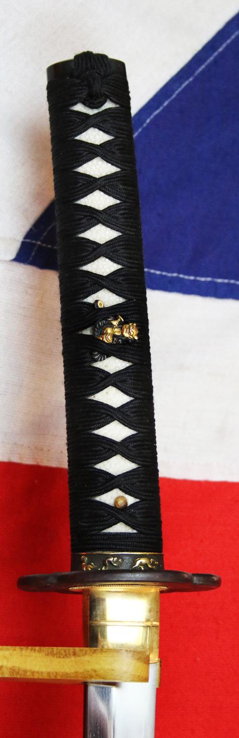 A Simply Stunning A Fabulous Original Antique Shinto Early Edo Period Chisa Katana. Wondrous Pure Gold and Shakudo Mounts Of The Tale of Momotarō, the Demon and The Monkey. Superbly Beautiful Blade Hamon and Hada Grain