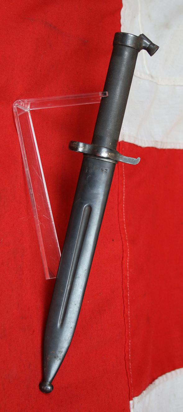 Swedish M1896 Mauser Bayonet, Knife Bayonet for Use on the 6.5 mm. m/1896 Swedish Mauser rifle. The M/1896 Bayonet Was Also Used With the M/1938 Short Rifle and AG42b Ljungmann Self-Loading Rifle During WW2