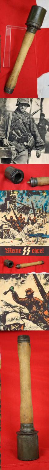 A Superb, WW2 Issue Stielhandgranate {German Stick Grenade} M24, WW2 Issue. In Excellent Condition For age. With Rare Fragmentation Ring, A Shrapnel 'Splitterring'. Issued To All Combat Ground forces Of The SS, Heer, Kriegsmarine, and Luftwaffe .