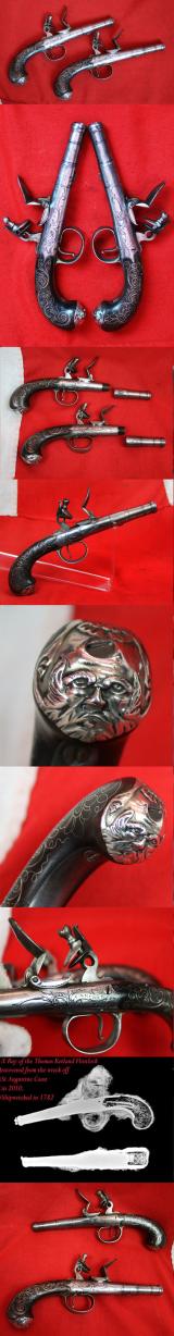 Absolutely Beautiful & Captivating Pair Of American Revolution Period 18th Century 'Queen Anne' Cannon Barrel Pistols with Silver Inlays & Solid Silver Grotesque Mask Butt Caps. Near Identical To Another Recovered From a Shipwreck off The Florida Coast