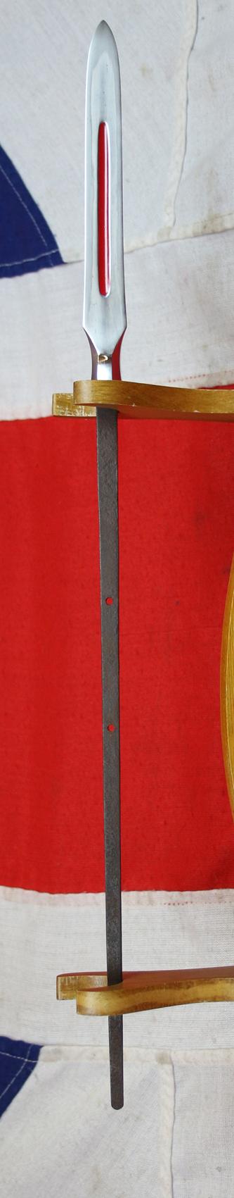 From the Roald Knutsen Collection. A Superb Hira Sankaku Yari Blade Signed Yamashiro no kami Kunishige 1751 in Superb Condition with fine Suguha Hamon, and an Horimono Cut Bo-Hi {Fuller} Decorated with Red Lacquer
