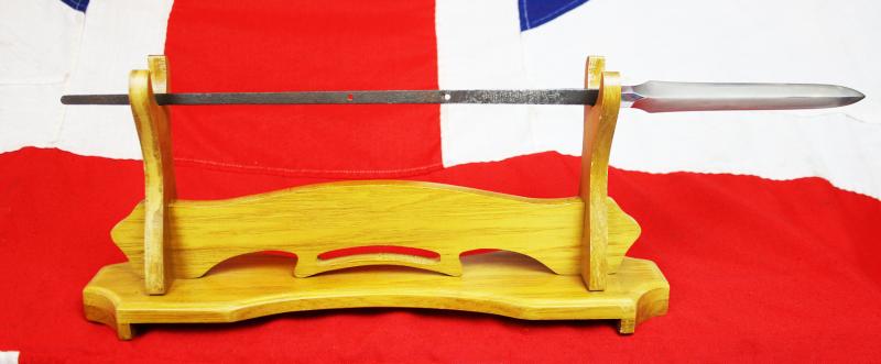 From the Roald Knutsen Collection. A Superb Hira Sankaku Yari Blade Signed Yamashiro no kami Kunishige 1751 in Superb Condition with fine Suguha Hamon, and an Horimono Cut Bo-Hi {Fuller} Decorated with Red Lacquer