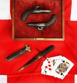 Superb Collection of Antique 1840's 19th Century American Gamblers Collectors Items. Including A Fine 'American' Cased Pair of Derringers by Wilson, American Bowie Knives, One Scabbarded and Another Folding Pocket BowieAnd A Scarce Pair of Scissors Dag