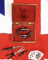 A Superb “American” Cased Pair of 1850 Derringer, Gambler’s Waistcoat or Boot Pistols By Wilson, of Superb Quality. A Stunning Quality, Neat Little Pair Of Large Calibre Pistols The Type of Earliest ‘Derringer’ Pistols Ideal For Concealed Protection